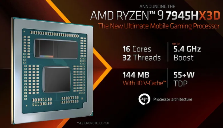 AMD представила мобильный процессор Ryzen 9 7945HX3D с дополнительной кеш-памятью 3D V-Cache - Новый мобильный процессор Ryzen 9 7945HX3D от компании AMD представляет собой значительное обновление в области мобильных чипов. Он оснащен дополнительной кеш-памятью 3D V-Cache, что делает его первым процессором такого типа. AMD представила мобильный процессор Ryzen 9 7945HX3D с дополнительной кеш-памятью 3D V-Cache